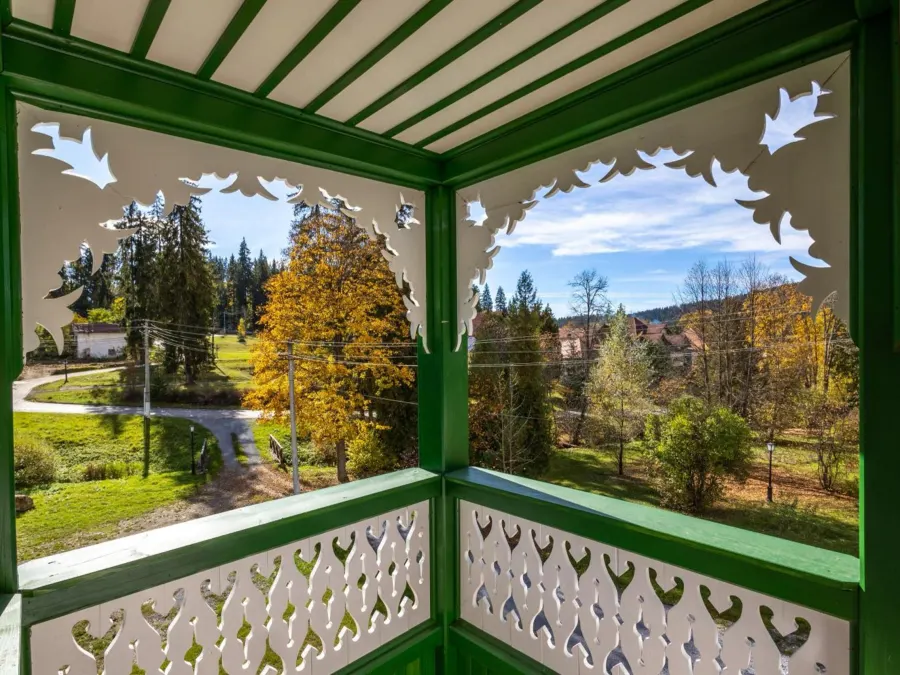 Veranda din lemn sculptat, cu vedere spre parc
